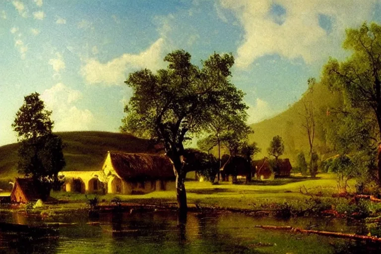 Image similar to peaceful village landscape, art by albert bierstadt