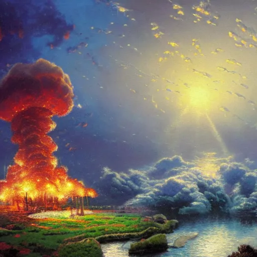 Prompt: mushroom clouds and nuclear bombs, the end of the world, oil painting by Thomas Kinkade, detailed, 4k