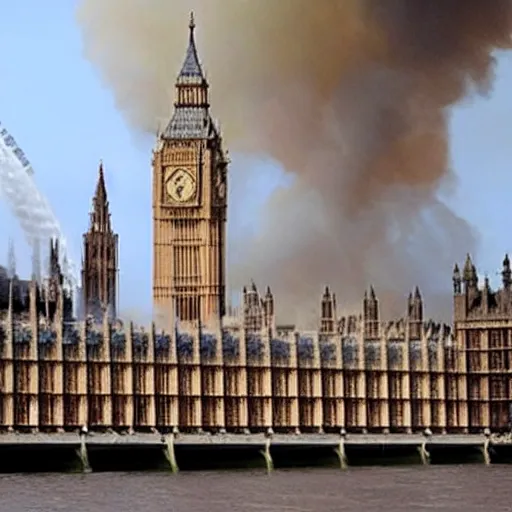 Prompt: houses of parliament on fire, boris johnson looks on laughing maniacally