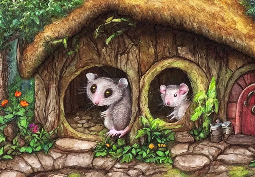 Image similar to cute possum dwelling a hobbit cottage, dark fantasy, full of color