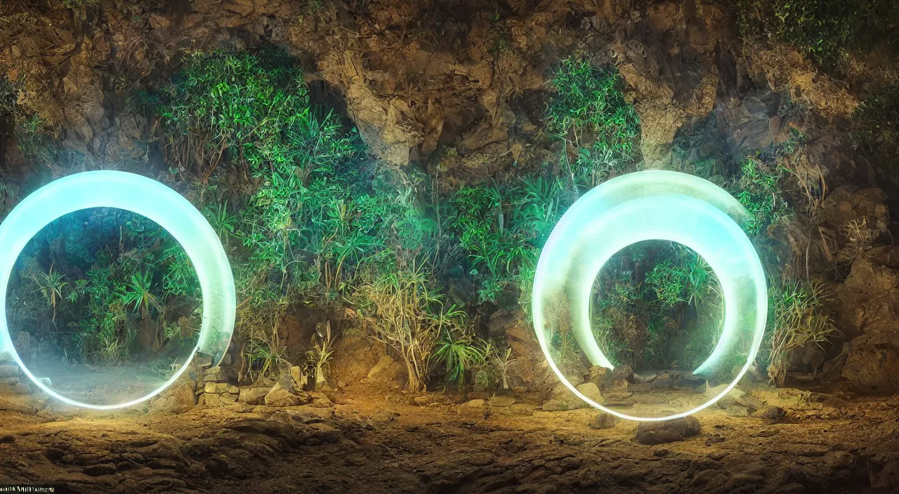 Prompt: a luminous circular stargate in the desert through which an ancient jungle is visible in the style of midjourney