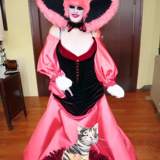 Image similar to a woman cosplaying puss in boots in an opera gown