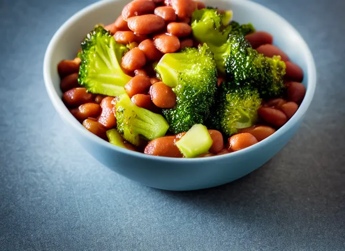 Prompt: food photo still of frozen yogurt topped with baked beans and broccoli, 8 5 mm f 1. 8 studio lighting