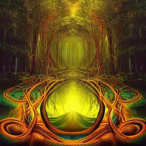 Image similar to psychedelic flowing illusion illusionary visionary immensely beautiful forest of intertwined trees and breathing living knowledge, by tyler edin and luke brown albert bierstadt and salvador dali hyperrealism photo - realistic photography volumetric lighting heavenly intricate