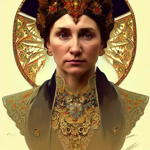 Image similar to a portrait of putin, upper half portrait, decorated with russian motifs, traditional russia, intricate, elegant, highly detailed, symmetry, headpiece, digital painting, artstation concept art smooth sharp focus, illustration, art by artgerm and greg rutkowski alphonse mucha 8 k