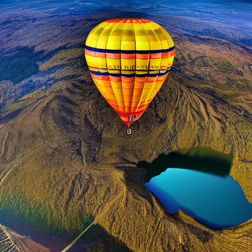 Prompt: Photo of a hot air balloon flying above a reflective mountain lake, beautiful, High resolution photo, intricate, portrait, 8k highly professionally detailed, HDR, CGsociety