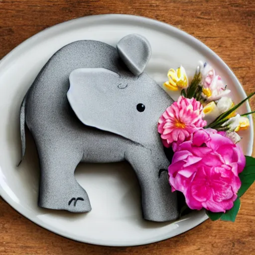 Prompt: a flat elefant on a plate with flowers on top