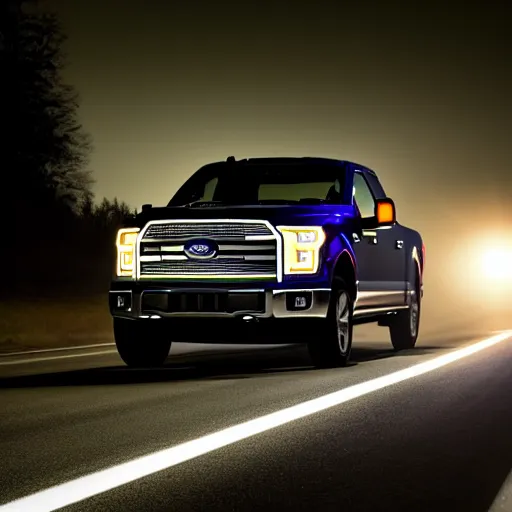 Image similar to ford f - 1 5 0 tailgating a car on the highway with the highbeams on, nighttime, photo, detailed