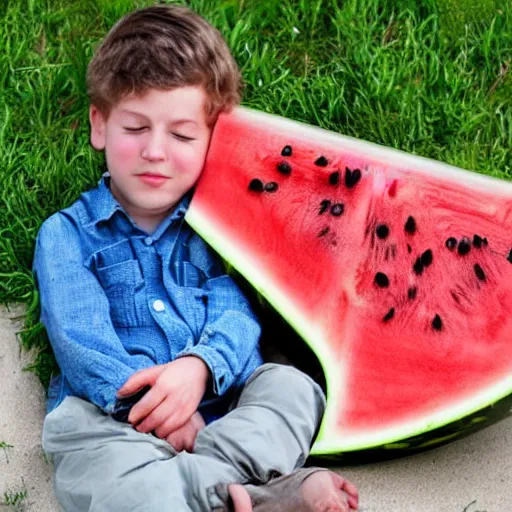 Image similar to a boy fell asleep on a watermelon truck