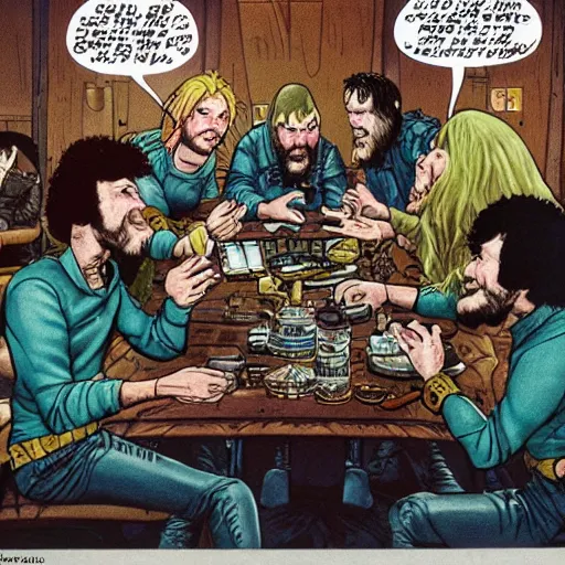 Image similar to scruffy punk starship crew sitting at table and getting drunk and singing folk music, extraterrestrials, alien 1 9 7 9, ron cobb, jim henson creature shop, mike mignogna, highly detailed, comic book, science fiction, used future