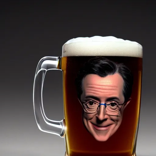 Prompt: stephen colbert face in a clear beer stein, concept art, 8 k, ultra realistic details