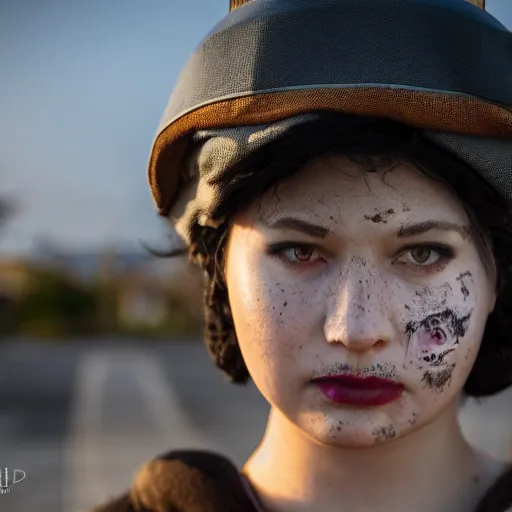 Image similar to Beautiful elegant female with smudged face, cosplaying as the Fallout 4 sole survivor, photographed on a slight overcast day on dilapitated street on Ikeshima island, Nikon D7100 with a Nikon 50mm F1.8, a Nikon 85mm F1.8, Golden hour, expressive face,