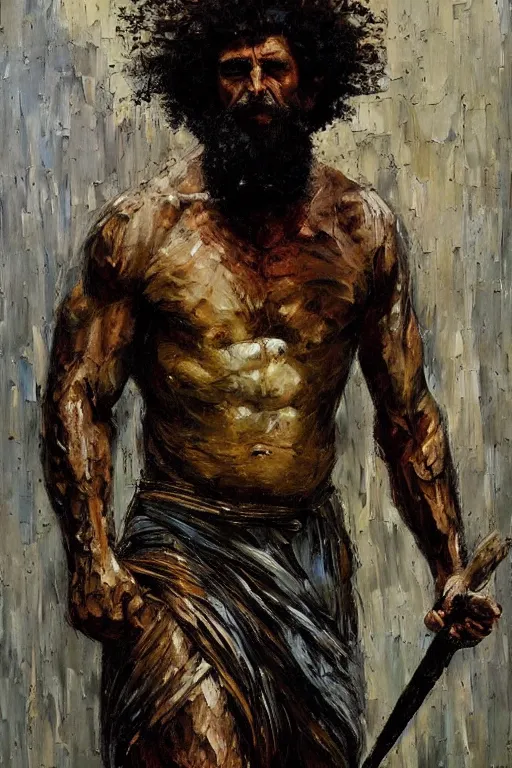 Image similar to highly detailed palette knife oil painting of a historically accurate depiction of the ancient biblical philistine giant warrior Goliath of Gath, fierce, menacing, by Peter Lindbergh, impressionistic brush strokes, painterly brushwork