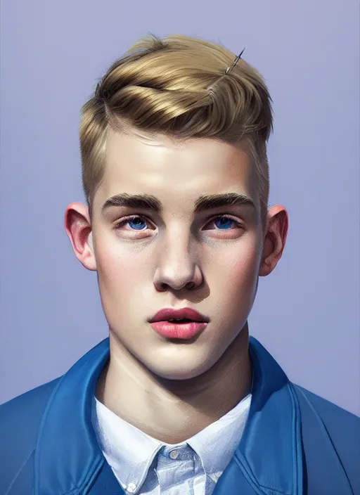 Image similar to portrait of a high school senior boy named moose mason, blonde short hair, jock, beefy, square jaw, square facial structure, 1 9 5 0 s, blue varsity jacket, intricate, elegant, glowing lights, highly detailed, digital painting, artstation, concept art, smooth, sharp focus, illustration, art by wlop, mars ravelo and greg rutkowski