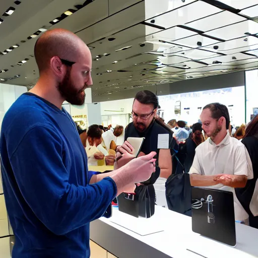 Image similar to jesus christ buying an iphone at the apple store