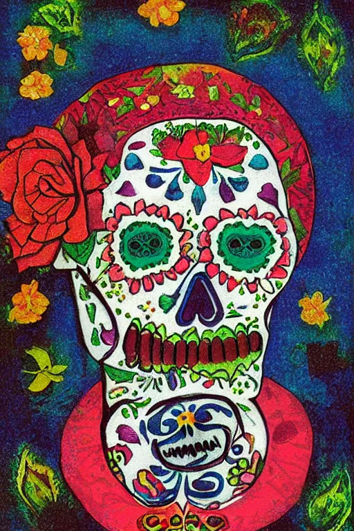 Prompt: Illustration of a sugar skull day of the dead girl, art by mordecai ardon