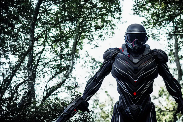 Image similar to Crysis Nanosuit soldier in battle 2022, Canon EOS R3, f/1.4, ISO 200, 1/160s, 8K, RAW, unedited, symmetrical balance, in-frame, combat photography