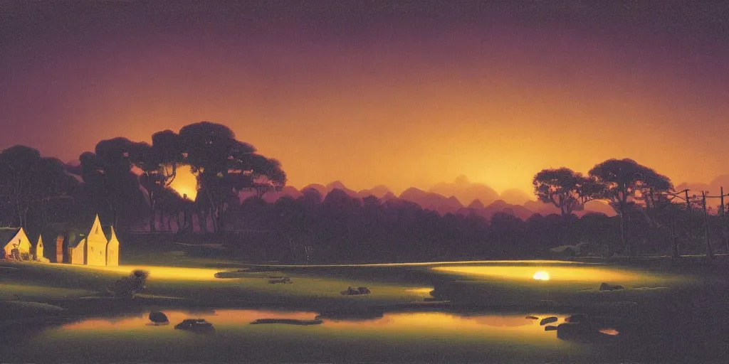 Image similar to a night landscape background, rob gonsavles, eyvind earle, heade martin johnson