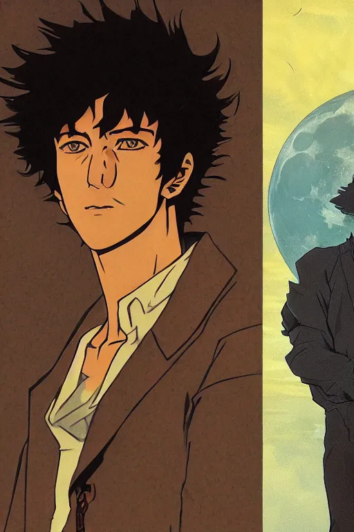 Image similar to concept art, silhouette of Spike Spiegel from Cowboy Bebop in front of the moon Ganymede in the style of Alphonse Mucha and Hiroya Oku, 8k, very high detail, octane render