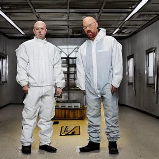 Prompt: walter white and jesse pinkman in gus frings underground laboratory on top of howard hamlin and lalo salamunca