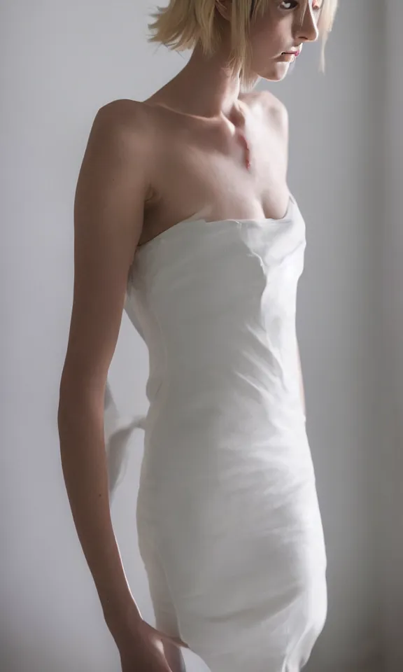 Prompt: photo of gorgeous seductive tall emily skinner cosplaying annie leonhart wearing elegant white dress, wearing open toe heels, in a white room, beautiful face, pale skin, rule of thirds, cinematic lighting, rainy weather, melancholy atmosphere, sharp focus, backlit, stunning, smooth, hard focus, full body shot, studio photo, shot on sony a 7 iii, hyper realistic,
