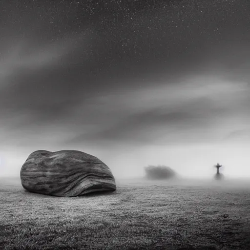 Image similar to A beautiful art installation of a coffin being carried by six men through an ethereal, otherworldly landscape. The coffin is adorned with a relief of a skull and crossbones, and the men are all wearing hooded cloaks. The landscape is eerie and foreboding, with jagged rocks and eerie, glowing plants. slow shutter speed by Jeffrey Smith haunting