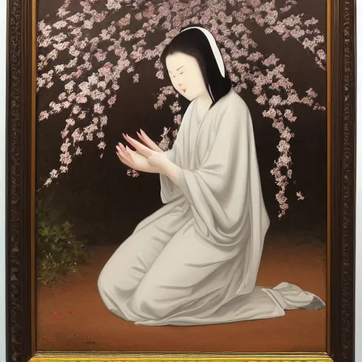 Prompt: a crying woman in a white gown kneeling at a beautiful shrine under a cherry blossom tree, rainy wet, ultradetailed, hd 8 k, oil on canvas, detailed brushstrokes