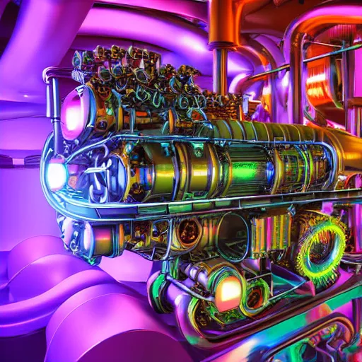 Image similar to album art, album is called tripmachine, photo of a huge futuristic dieselpunk engine inside a machinery, 8 k, fluorescent colors, halluzinogenic, multicolored, exaggerated detailed, front shot, 3 d render, octane