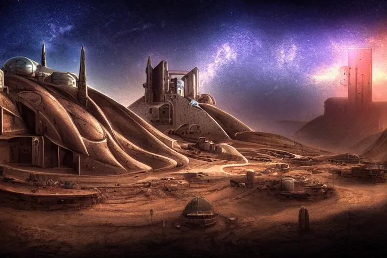 Image similar to favela spaceship cathedral bunker, desert environment, industrial factory, cliffs, bright, milky way, award winning art, epic dreamlike fantasy landscape, ultra realistic,