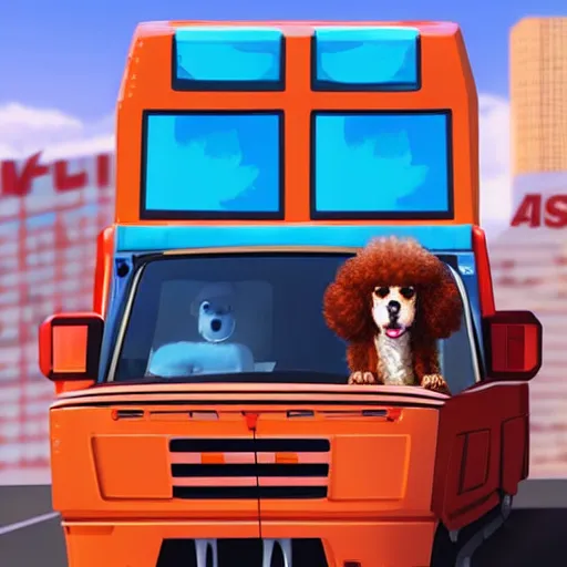 Prompt: fluffy poodle [ [ sticking its head out of the window ] ]!!, driving a cybertruck in las vegas, [ digital art ]!!, trending on cgsociety