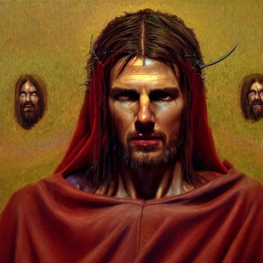 Image similar to portrait of Tom Cruise as demonic Jesus Christ in hood and crown of thorns, three quarter view, dark fantasy, Warhammer, artstation painted by Zdislav Beksinski and Wayne Barlowe