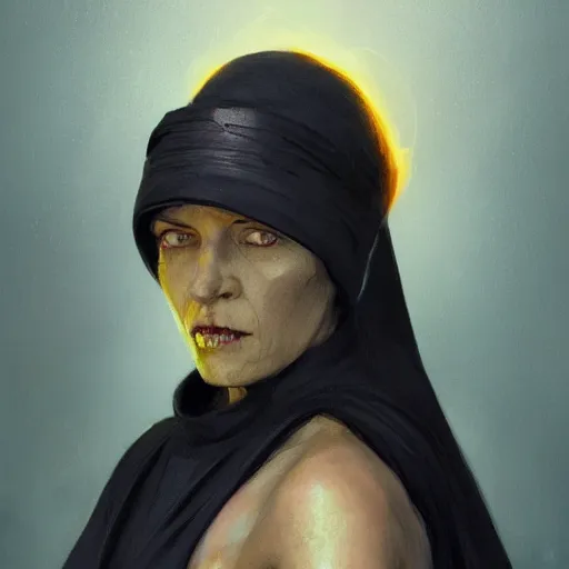 Image similar to portrait of a woman by greg rutkowski, a woman with yellow skin, black lips wearing black robes and a hodd, evil energy, star wars expanded universe, she is about 6 0 years old, highly detailed portrait, digital painting, artstation, concept art, smooth, sharp foccus ilustration, artstation hq