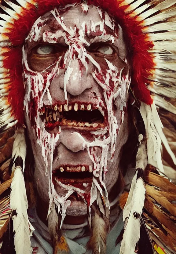 Image similar to close up portrait of zombie Pope Francis wearing a Native American Indian Feathered Headdress War Bonnet, dead redemption, by James Gilleard and Beeple