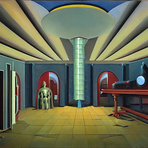 Image similar to exaggerated death ray, doomsday weapon, evil lair, mastermind, observatory interior, rotunda, shield, comedic, dystopian, grant wood, pj crook, edward hopper, oil on canvas