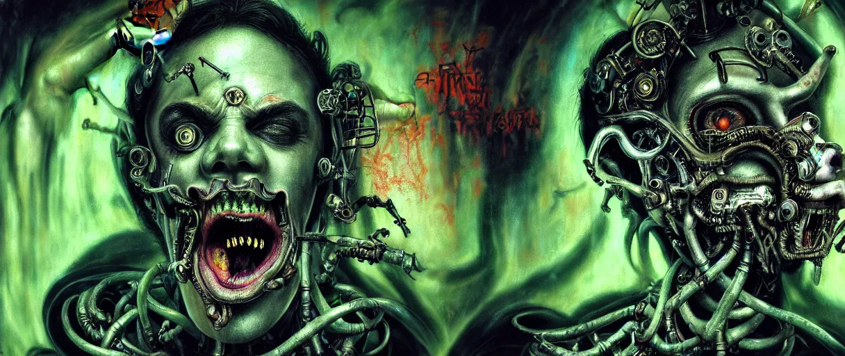 Image similar to hyperrealistic hyper detailed neo-gothic 35mm portrait of baroque cyborg gorgone screaming covered in urban graffiti matte painting concept art dali hannah yata very dramatic toxic green lighting low angle hd 8k sharp shallow depth of field