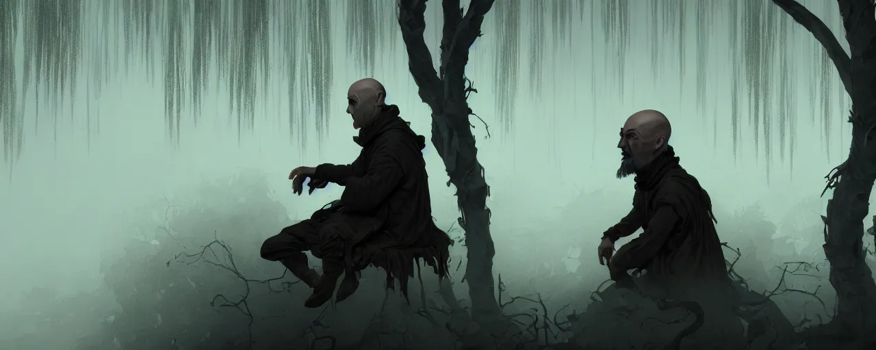 Image similar to duotone noir illustration close up of bald merchant demon sitting in midair among willow tree in medieval brown tunic. foggy evening. dark dream atmosphere with volumetric hellish lighting, by sachin teng and sergey kolesov and ruan jia and heng z. graffiti art, scifi, fantasy, hyper detailed. octane render. concept art. trending on artstation