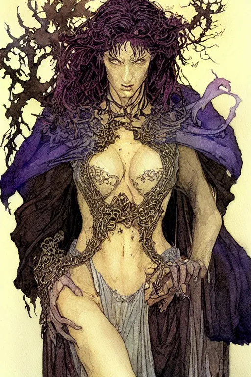 Image similar to a realistic and atmospheric watercolour fantasy character concept art portrait of a female necromancer looking at the camera with an intense gaze by rebecca guay, michael kaluta, charles vess and jean moebius giraud