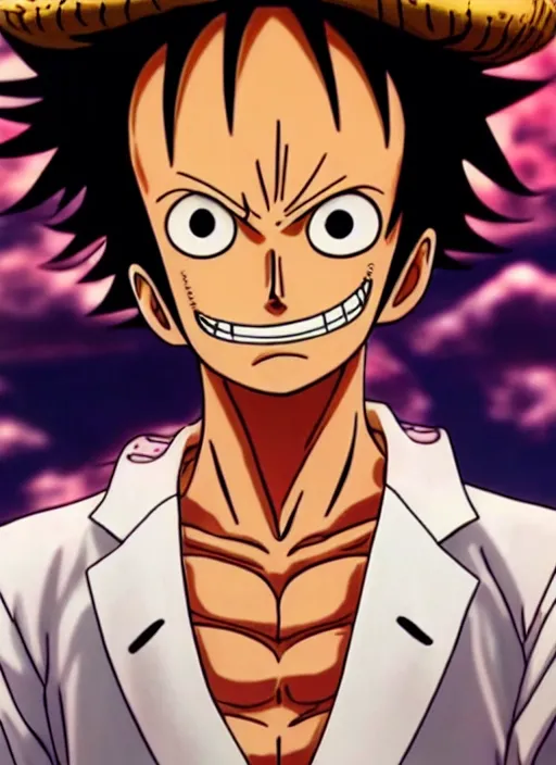 Image similar to a professional photo of luffy wearing a white suit, hyper realistic, golden hour effect