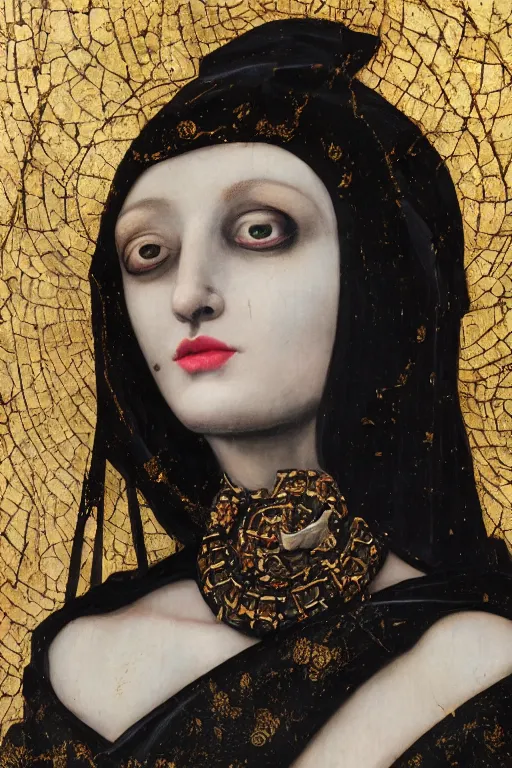 Prompt: hyperrealism close - up mythological portrait of a beautiful medieval woman's fractured face blended with dark obsidian and crystallic flowers in style of classicism, black massive chains around the neck, pale skin, ivory make up, wearing black silk robe, dark and dull palette acrylic paintdrip and magenta tar, repaired with kintsugi