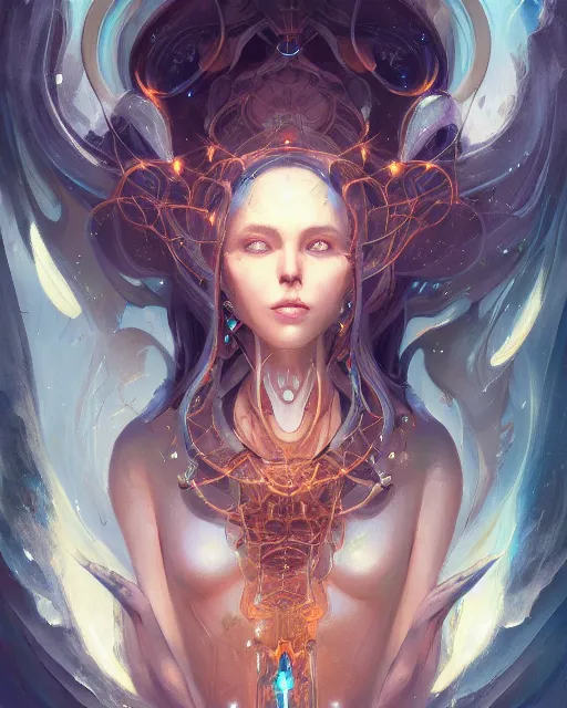 Image similar to portrait of a beautiful cybernetic emanation from angelarium, by pete mohrbacher and artgerm and wlop, digital art, highly detailed, intricate, fantasy, mystical, Trending on Artstation HQ, deviantart, unreal engine, 4K UHD image