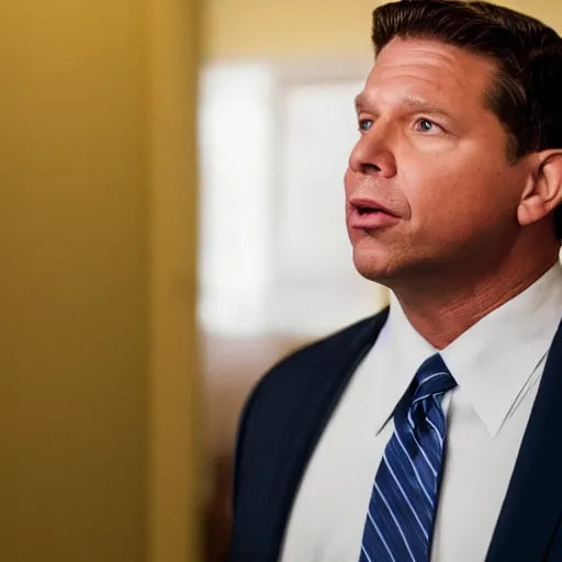 Image similar to Cinematic still of Florida Governor Ron DeSantis in a political thriller, Man of the Year