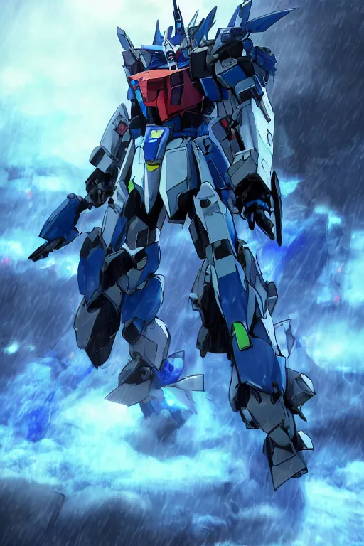 Image similar to Azure Wolf wolf GUNDAM on a futuristic cyberpunk city under heavy rain, cinematic lighting, Lightning arc plasma, symmetric full body azure GUNDAM mecha, GUNDAM wing style armor, GUNDAM armor, samurai armor, mortar heads, mech suit, full body armor, lamellar armor, exoskeleton, post processing, ultra detailed, trending on artstation