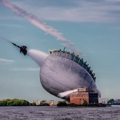 Prompt: disaster photography, giant zeppelin after collision into statue of liberty, full color, explosion, 8k, hd, high resolution