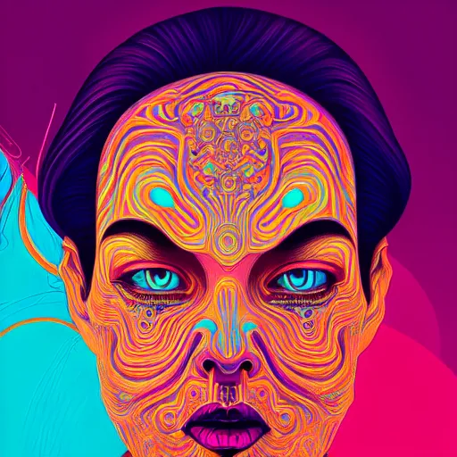 Image similar to An extremely psychedelic portrait, surreal, LSD, face, detailed, intricate, elegant, lithe, highly detailed, digital painting, artstation, concept art, smooth, sharp focus, illustration, art by Kilian Eng