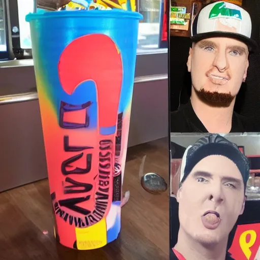 Image similar to a 7 eleven slurpee shaped like tge rapper vanilla ice