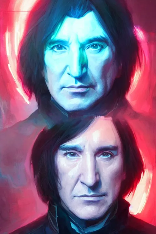 Image similar to portrait of severus snape with visor in cyberpunk, neon lighting, night city, digital art from artstation by Ruan Jia and Mandy Jurgens and Artgerm and william-adolphe bouguereau and Greg Rutkowski