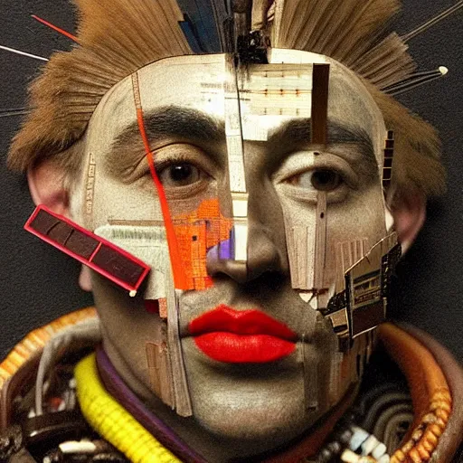 Image similar to portrait photo of a man with Iroquois made from video card parts, Perfect face, extremely high details, realistic, by Giuseppe Arcimboldo, Edward Hopper, Rene Margitte