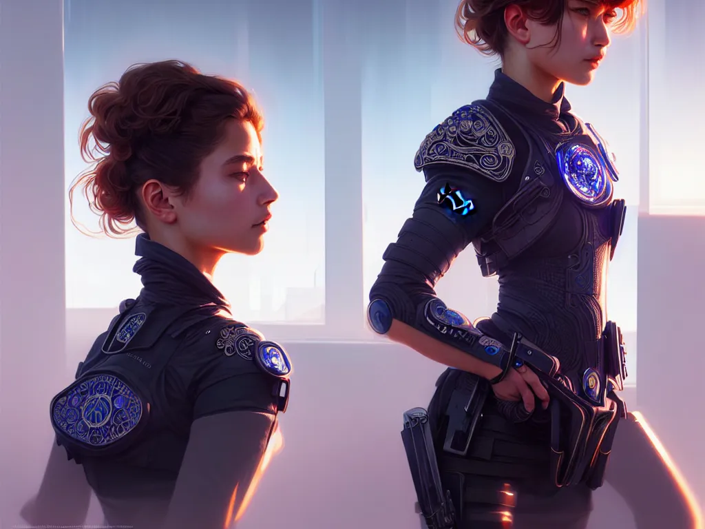 Image similar to portrait futuristic portugal police uniform girl, at future neon light rooftop, ssci - fi and fantasy, intricate and very very beautiful and elegant, highly detailed, digital painting, artstation, concept art, smooth and sharp focus, illustration, art by tan zi and ayanamikodon and alphonse mucha and wlop
