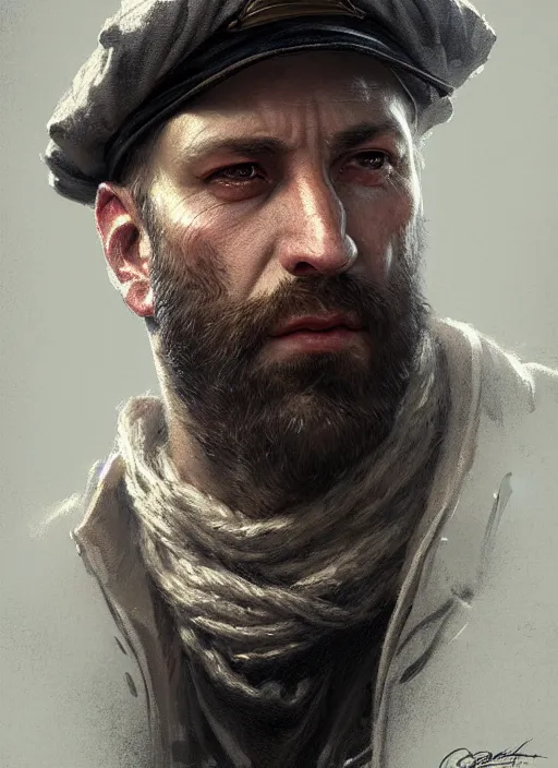 Image similar to portrait of a rugged man wearing a sailors cap, victorian, concept art, detailed face, fantasy, close up face, highly detailed, cinematic lighting, digital art painting by greg rutkowski