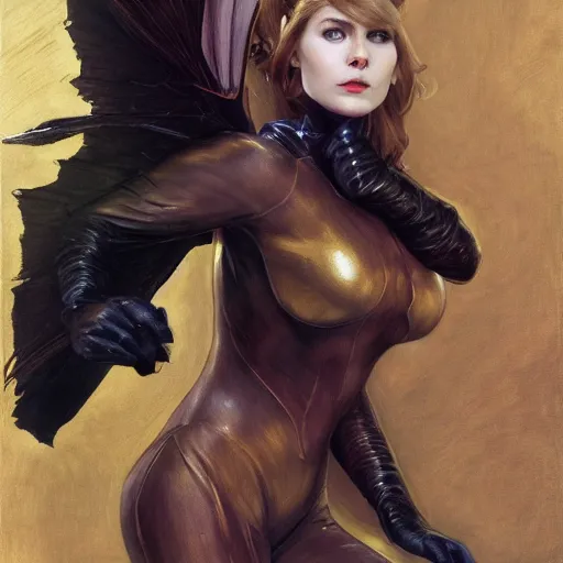 Image similar to Erin Moriarty as Cat Woman, highly detailed, digital painting, artstation, concept art, smooth, sharp focus, illustration, ArtStation, art by artgerm and greg rutkowski and alphonse mucha and J. C. Leyendecker and Edmund Blair Leighton and Katsuhiro Otomo and Geof Darrow and Phil hale and Ashley wood and Ilya repin and Charlie Bowater